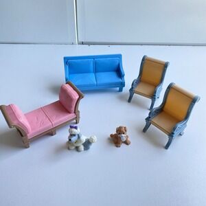 Fisher Price Loving Family Dollhouse Furniture Couch Chairs Poodle Dog‎ Lot Of 6